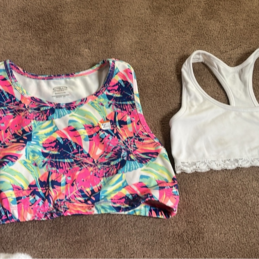 3 girls sports Bras tropical and white lace bralette sz 14/16 & 36
